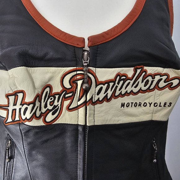 HARLEY DAVIDSON black VEST motorcycle GENUINE LEATHER pockets ZIPPER biker ORANG - Picture 3 of 15